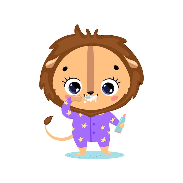  flat doodle cute cartoon baby lion brushing teeth. Animals brush their teeth.