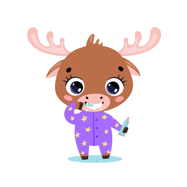  flat doodle cute cartoon baby moose brushing teeth. Animals brush their teeth.