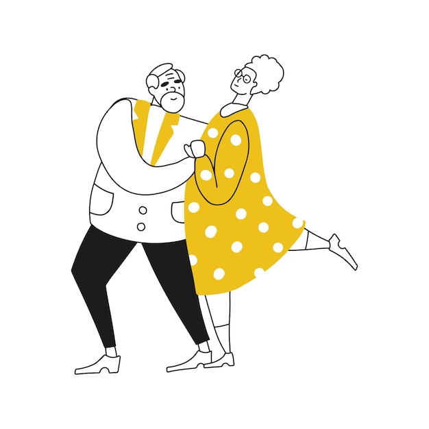 Flat doodle cute character of senior couple lovers dancing hand drawn vector linear simple style