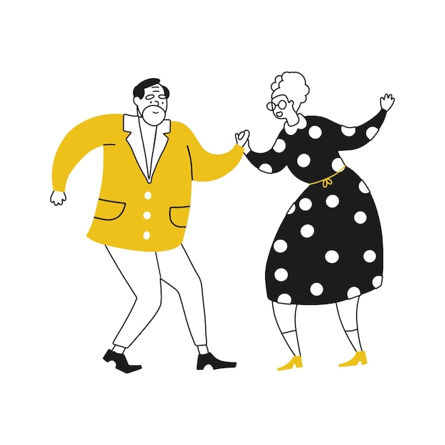 Flat doodle cute character of senior couple lovers dancing hand drawn vector linear simple style