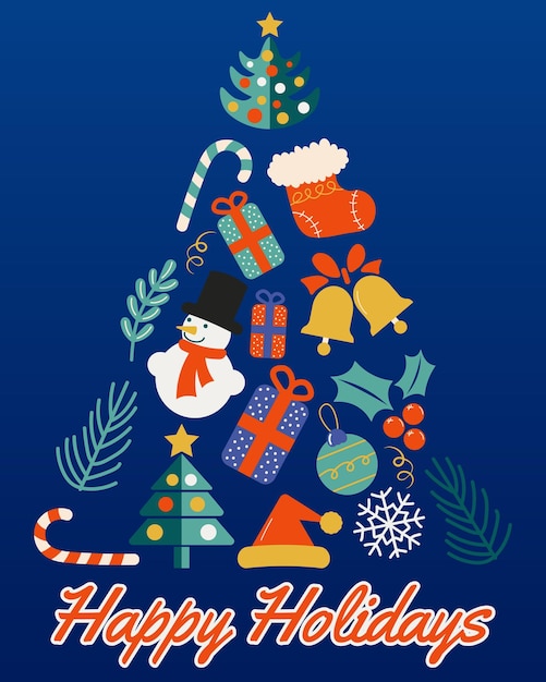 Flat Doodle Happy Holidays Greetings Card vector illustration