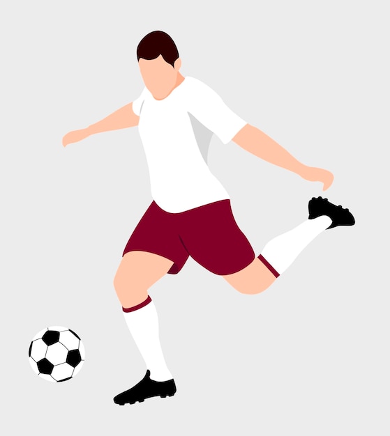 Flat drawing of a soccer player in the Qatar 2022 World Cup colors hitting a soccer ball