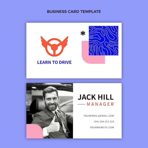 Flat driving school horizontal business card template