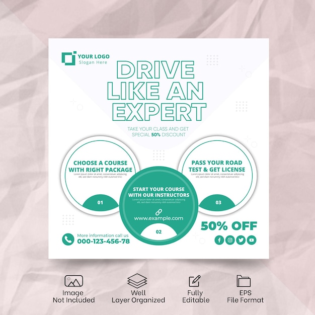 Flat driving school social media post design