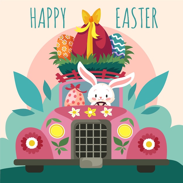 Flat easter car illustration