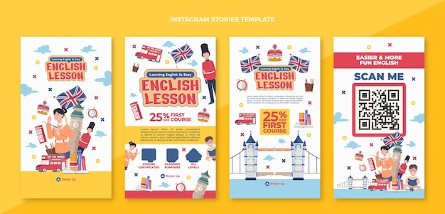 Flat english lessons instagram stories collection