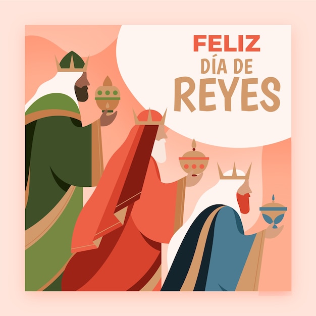 Flat feliz dia de reyes greeting card template