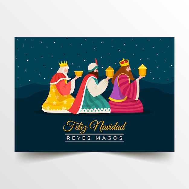 Flat feliz navidad reyes magos greeting card template