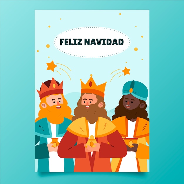 Flat feliz navidad reyes magos greeting card template