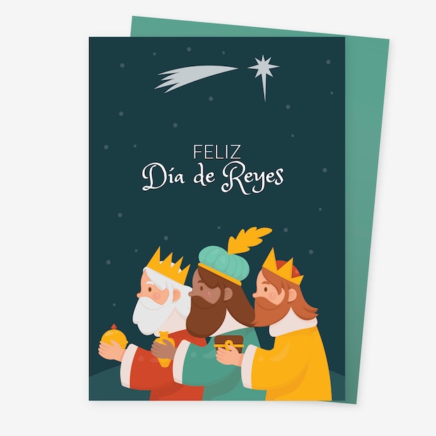 Flat feliz navidad reyes magos greeting card template