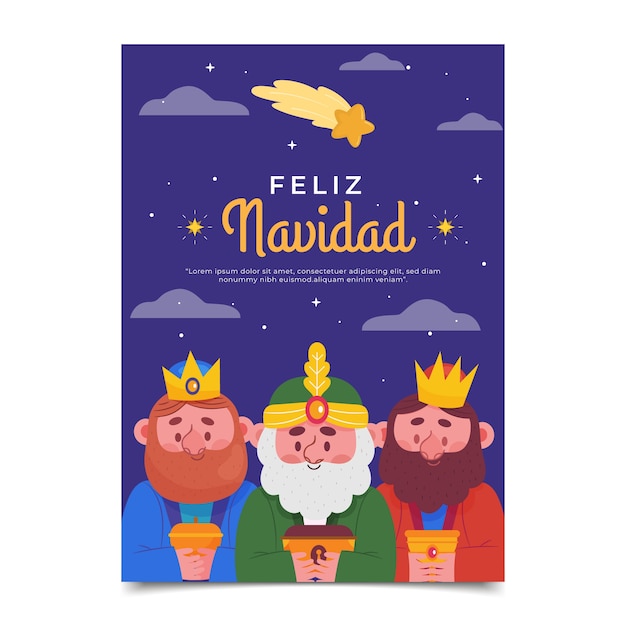 Flat feliz navidad reyes magos greeting card template