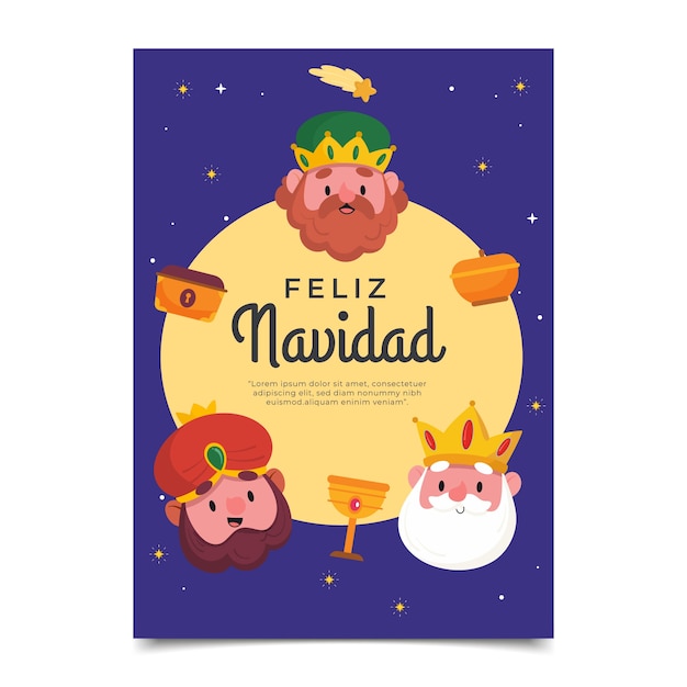 Flat feliz navidad reyes magos greeting card template