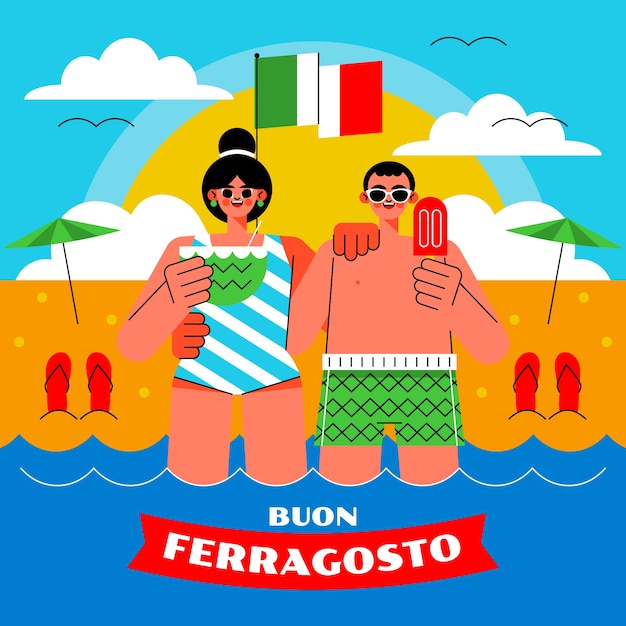 Flat ferragosto illustration with people at the beach having watermelon and ice cream