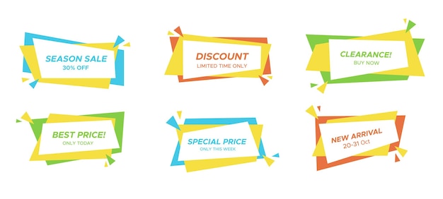 Vector flat festive discount label collection color isolated sale banner geometric rectangle price offer