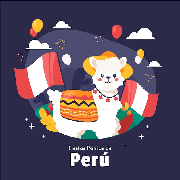 Flat fiestas patrias illustration with llama and balloons