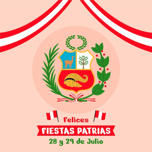 Vector flat fiestas patrias illustration with peruvian coat of arms