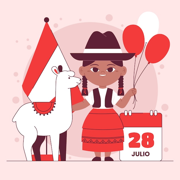 Flat fiestas patrias illustration with woman holding balloons and llama