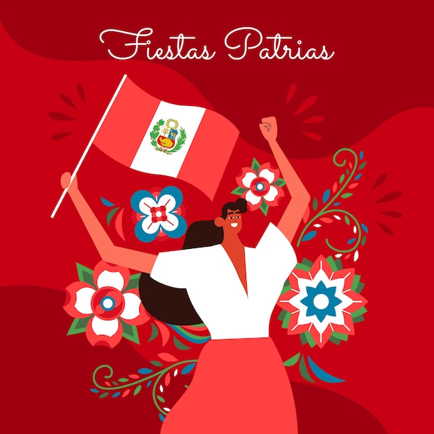 Vector flat fiestas patrias illustration with woman holding flag