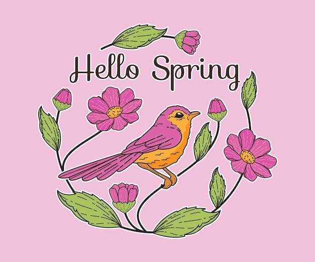 Vector flat floral spring with bird background