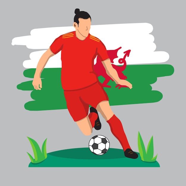 flat football player with Wales flag background