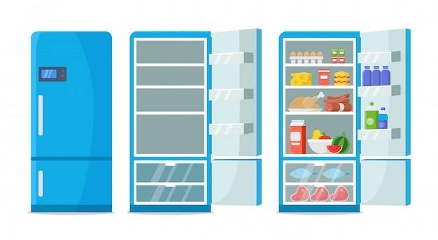 Flat fridge . Closed and open empty refrigerator. Blue fridge with healthy food, water, meet, vegetables