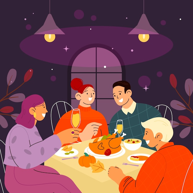 Flat friendsgiving illustration with friends having dinner at the table together