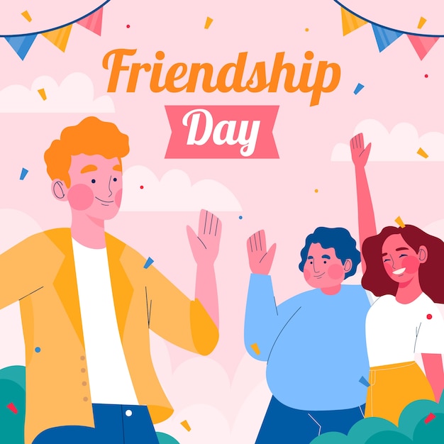 Flat friendship day illustration with friends celebrating