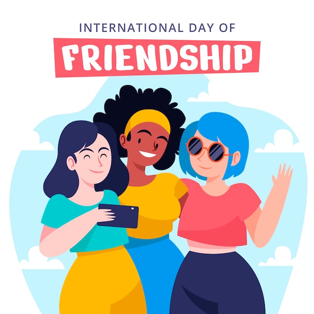 Flat friendship day illustration with friends looking at smartphone