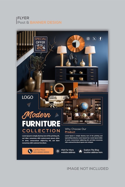 Vector flat furniture flyer template amp banner sofa bed