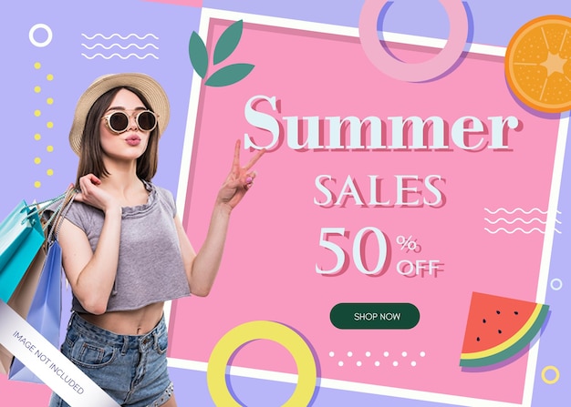 Flat geometric summer sale banner with photo