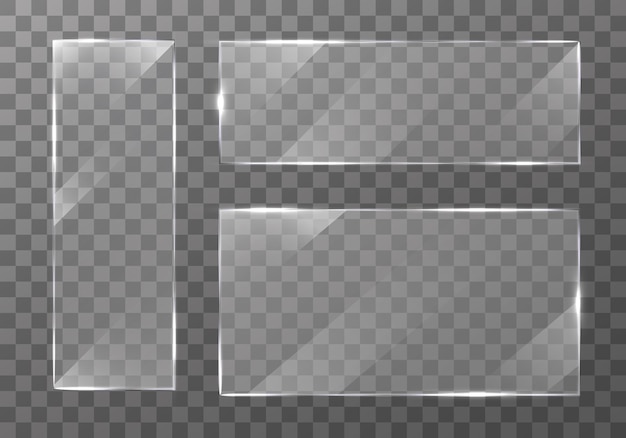 Flat glass plate banners. Set on transparent background. Clear glass showcase. panel texture or clear window. Light effect for a picture or a mirror. Realistic windows