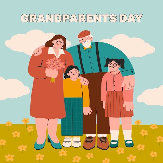 Flat grandparents day illustration with grandchildren posing with grandparents