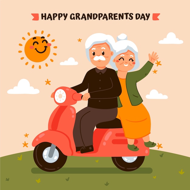 Flat grandparents day illustration with older couple on scooter