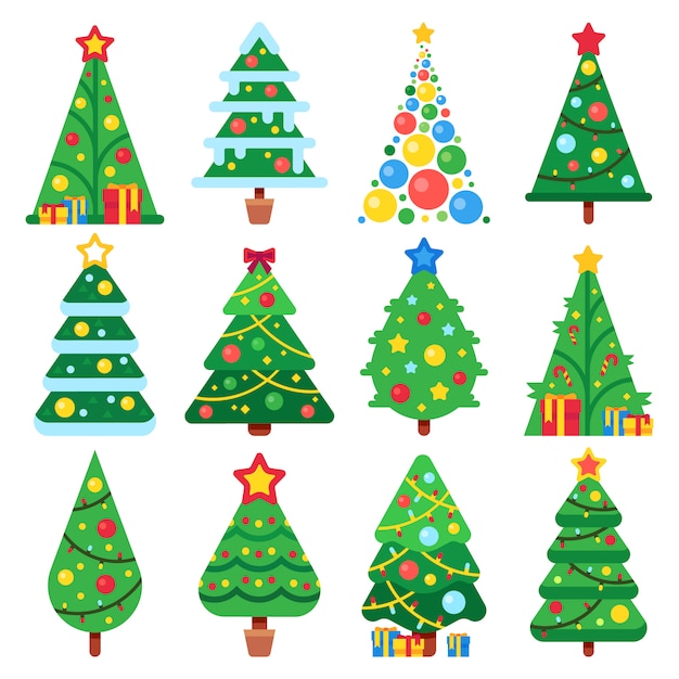 Flat green christmas trees set