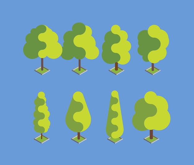 Flat green isometric tree set Flat design vector illustration EPS 10