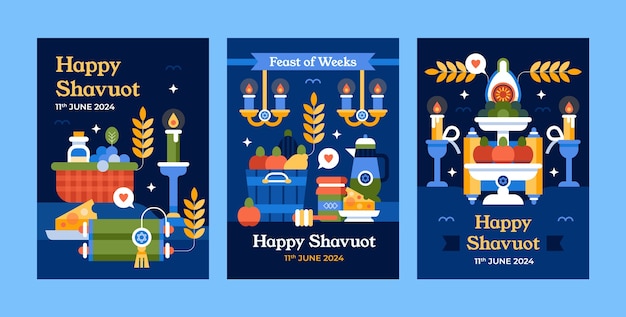 Flat greeting cards collection for jewish shavuot celebration