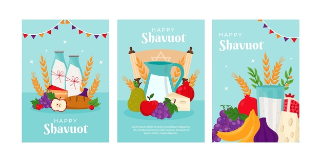 Vector flat greeting cards collection for jewish shavuot celebration