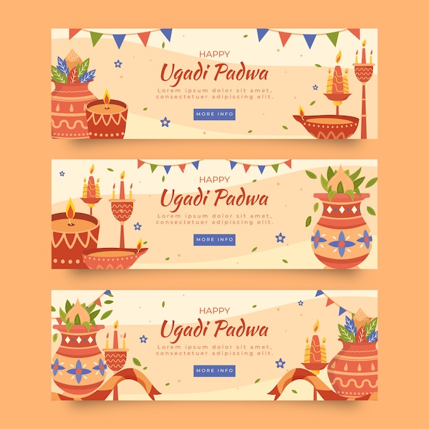 Flat gudi padwa horizontal banners set