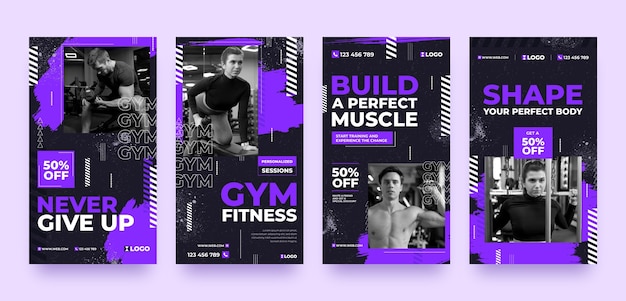 Flat gym and exercise instagram stories collection