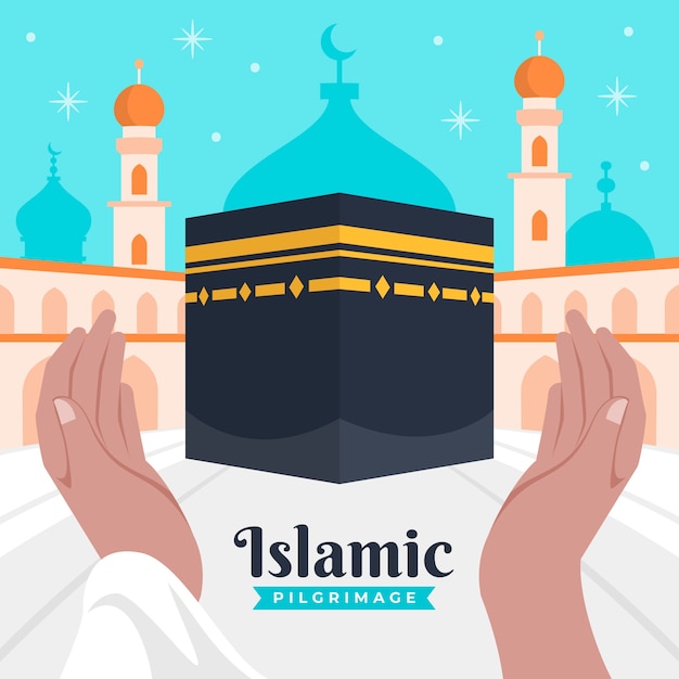 Flat hajj illustration with mecca and hands