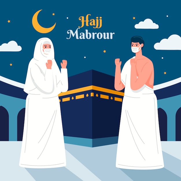 Flat hajj illustration with people praying and mecca