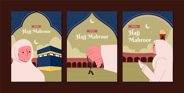 Vector flat hajj islamic pilgrimage greeting cards collection