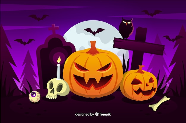 Flat halloween background with pumpkins