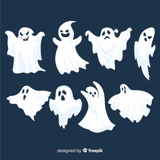 Flat halloween ghost collection on blue background