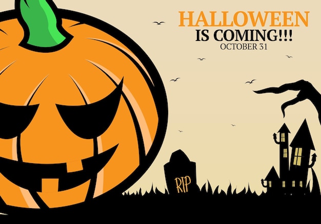 Flat halloween horizontal banner with big pumpkin