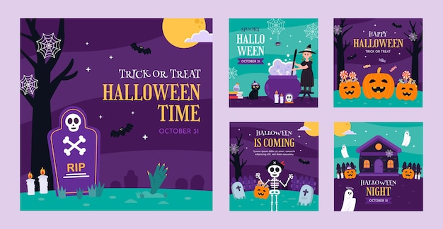 Flat halloween instagram posts collection