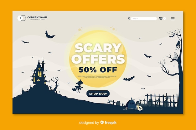 Flat halloween landing page scary offers on a full moon night