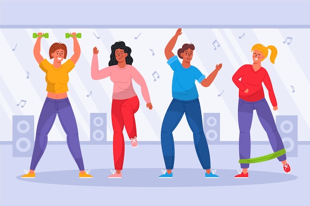 Vector flat-hand drawn dance fitness class illustration