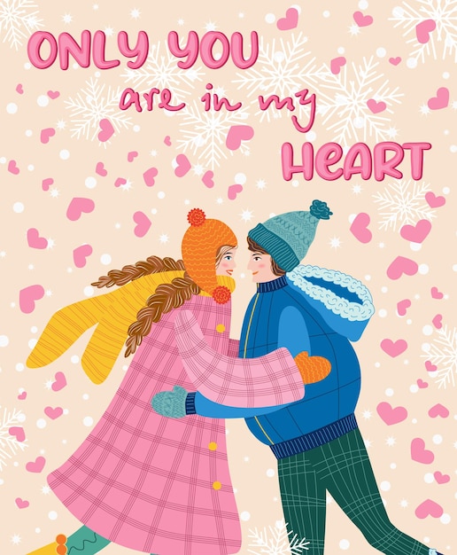 Flat hand drawn valentines day greeting card Loving couple of young man and woman