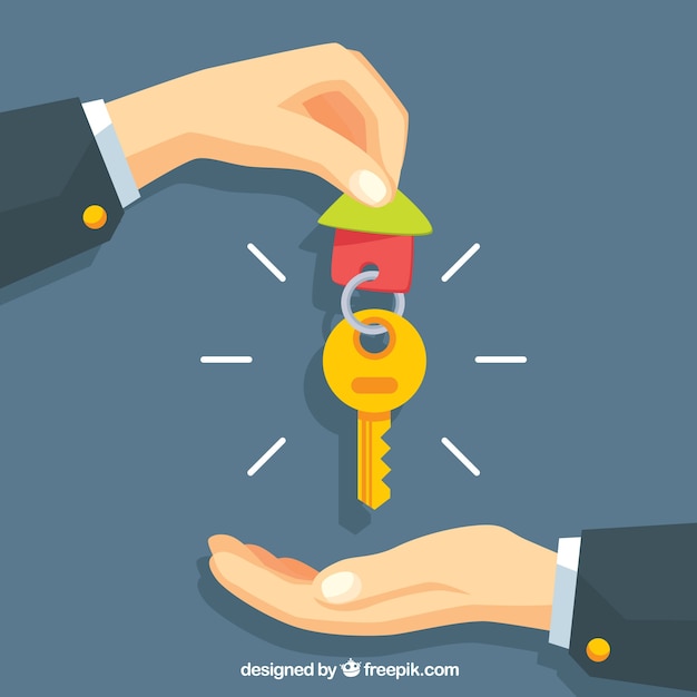 Flat hand holding house key background